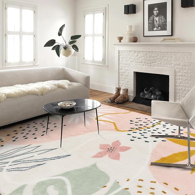 Lahome Pink 10x14 Area Rugs, Washable Ultra-Thin Large Rug for Living Room, Non Slip Throw Rug for Dining Room, Soft Botanical Print Indoor Rug for Bedroom Office Guest Room (Pink, 10'x14')