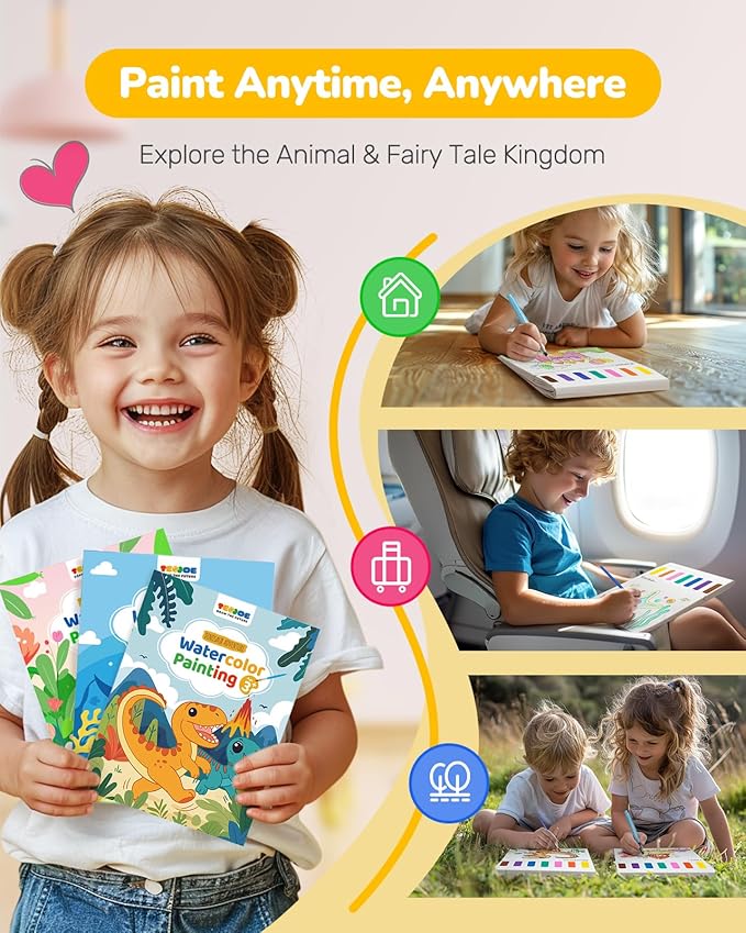 TECJOE 3 Pack Paint With Water Coloring Books for Toddlers, Watercolor Paint Set with 6 Brushes, Painting Activity for Kids Ages 4 5 6 7 8, Christmas Gift arts & Crafts Toy, Princess, Dinosaur & Sea