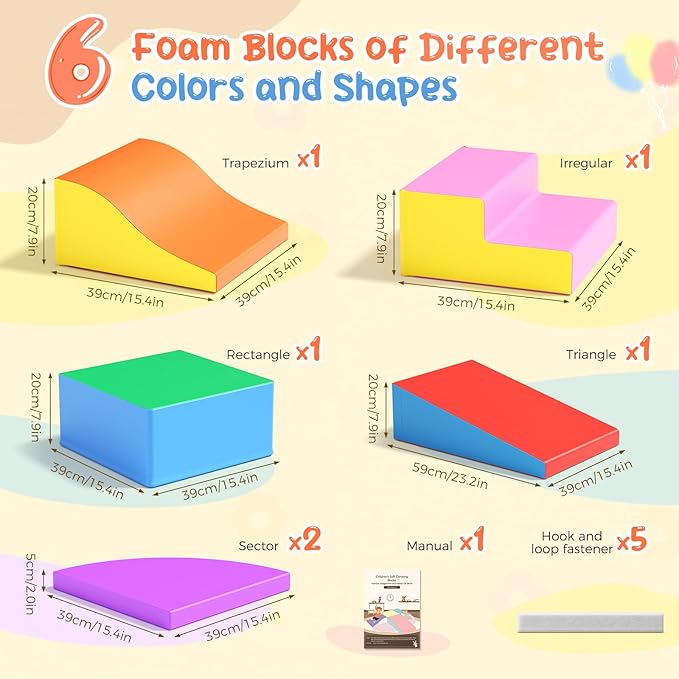 Lischwert Foam Climbing Blocks for Toddlers, Baby Climbing Blocks Soft Play Climbing for Toddlers with Foldable Block and Tunnel Indoor Climbing Toys for Toddler 1-3, 6 Pieces