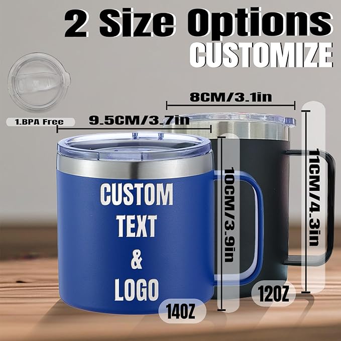 Personalized Mug Cup with Handle 12/14oz Custom Stainless Steel Mugs Customized Name Coffee Tumbler for Women Men Student Family Office Gifts, Text