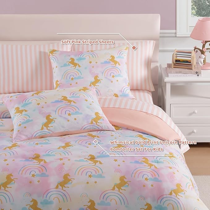 Queen Comforter Set with Sheets for Girls-7 Pieces Queen Bedding Sets with Pink Comforter, Sheets, Pillowcases & Shams for Kids (Gold Unicorn, 90" X 90")