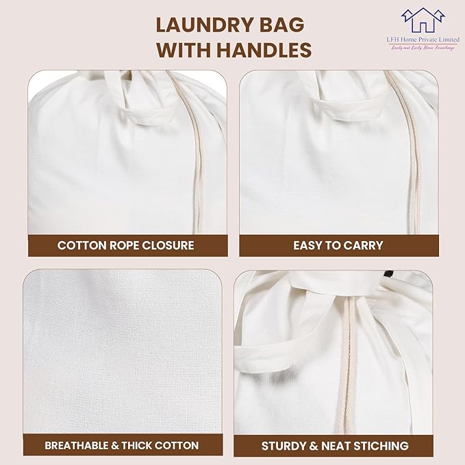 LFH Home Cotton Canvas Large Laundry Bag with Handle, Heavy Duty Drawstring Closure Washable Laundry Bags School Travel, Home, Hotel, College Dorm, Organizer Sack, Toys Clothes 20x30-White