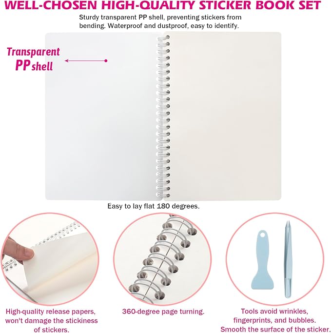 Reusable Sticker Book 60 Sheets, Sticker Collecting Book Album, Reusable Sticker Album,Sticker Organizer,Blank Sticker Book for Adults Children,Sticker Keeper Book with Tweezer and Spatula,A5