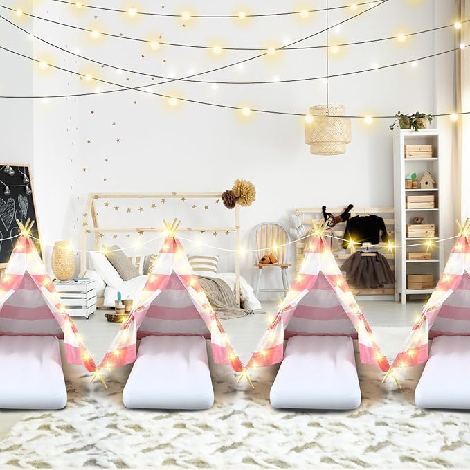 6 Pack Sleepovers Teepee Tent for Kids Bulk with Mattress Sheet Light,Natural Cotton Washable Indoor Play Tent for Birthday Slumber Party Girls Boys Pajama Movie Night Supplies(Pink, White)