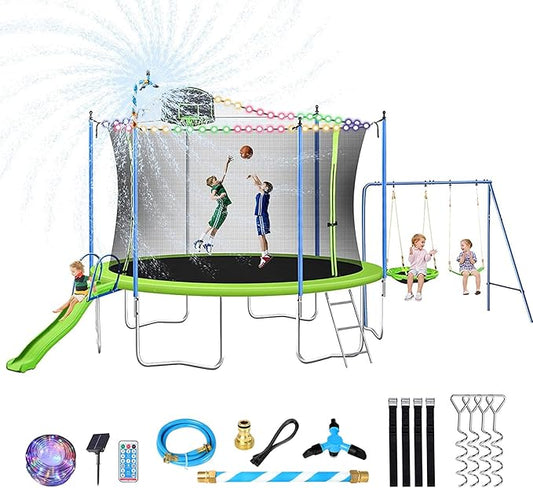 12FT 14FT Trampoline with Slide and Swings, ASTM Approved Outdoor Trampoline with Basketball Hoop and Ladder, Capacity for 5-7 Kids and Adults