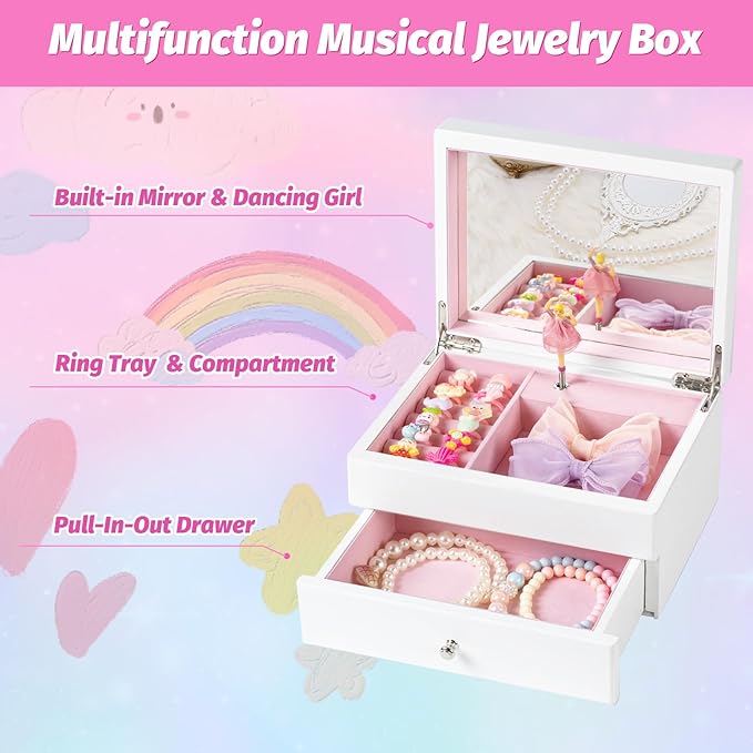 Miratino Music Jewelry Box Gifts for Girls, Wooden Kids Jewelry Boxes & Organizers with Spinning Dancer, Musical Jewelry Storage Gift for Little Girl Toddler Christmas Birthday New Year (White)
