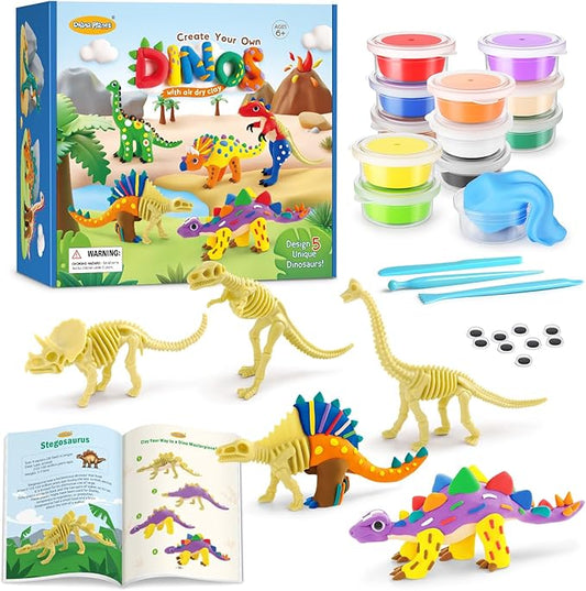 Drama Planet Dinosaur Air Dry Clay Kit – Create 5 Dinosaur Models with 12 Colors of Modeling Clay, Instruction Guide – Fun & Educational Craft Set for Kids
