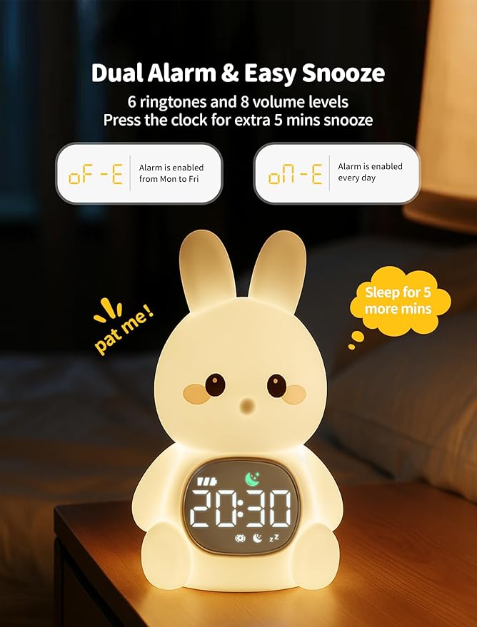 MASHI Bunny Alarm Clock, Toddler Sleep Training Clock with Sun & Moon, Sleep Sound Machine, Night Lights, Alarm Clock for Kids, Gift Ideas for Kids Child