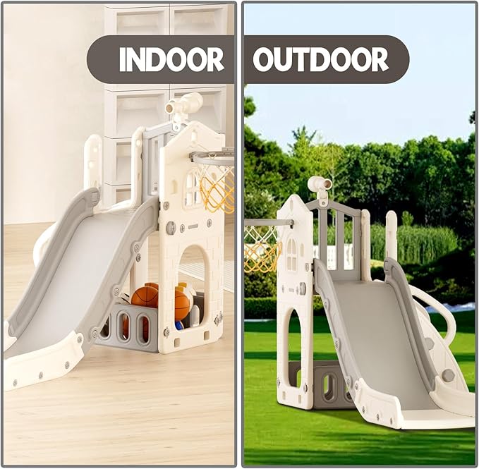 YUFU 5 in 1 Toddler Slide, Kids Slide with Climber, Basketball Hoop and Ball, Outdoor Indoor Playset for Toddlers Age 1-3 (Beige+Gray)