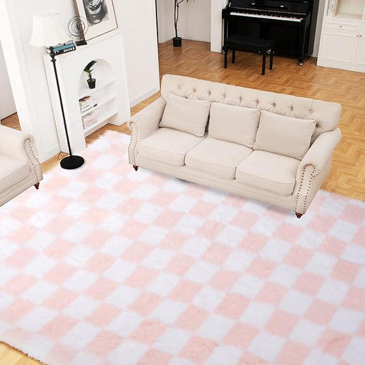 Super Soft Rug for Bedroom, 8x10 Ft Pink and White Area Rug Classic Checkered Shaggy Anti-Skid High Pile Soft Fluffy Rug Fuzzy Carpet for Living Room Bedroom Kids Room Nursery, Dorm Home Decor
