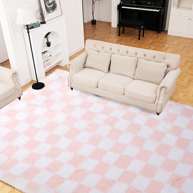 Super Soft Rug for Bedroom, 5x8 Ft Pink and White Area Rug Classic Checkered Shaggy Anti-Skid High Pile Soft Fluffy Rug Fuzzy Carpet for Living Room Bedroom Kids Room Nursery, Dorm Home Decor