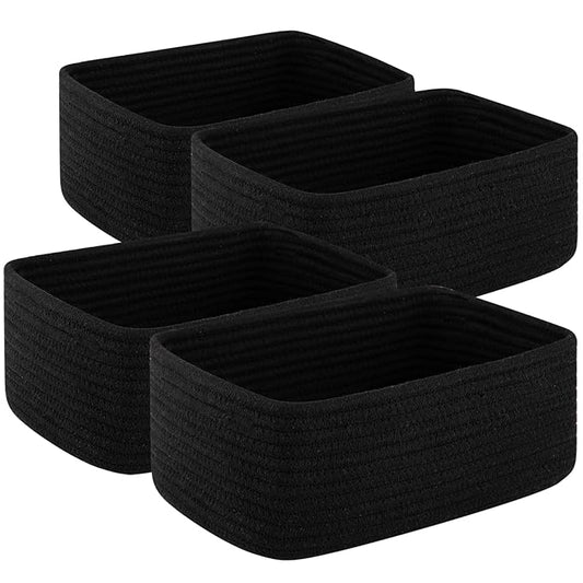 4 Pack Small Storage Shelf Baskets for Organizing, Mini Woven Rope Storage Bins for Towels, Cute Decorative Closet Organizer，Baby Nursery, Gift Empty Baskets -13''Lx8.66''Wx5.11''H-Black