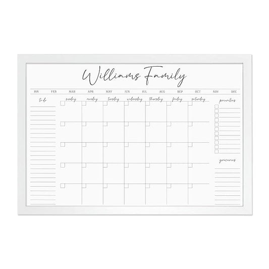 Personalized Dry Erase Wall Calendar with Custom To do list and Notes Organization Sections | Large Whiteboard Calendar (36" W x 24" H, White-Washed Frame)