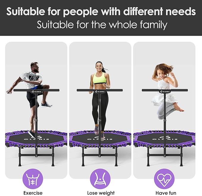CLORIS 38in/48in Folding Trampoline - Max Load 220lbs / 450lbs Mini Trampoline Rebounder Trampoline for Adults with Adjustable Foam Handle, with safty Padded Cover Best Gift for Kids/Adult