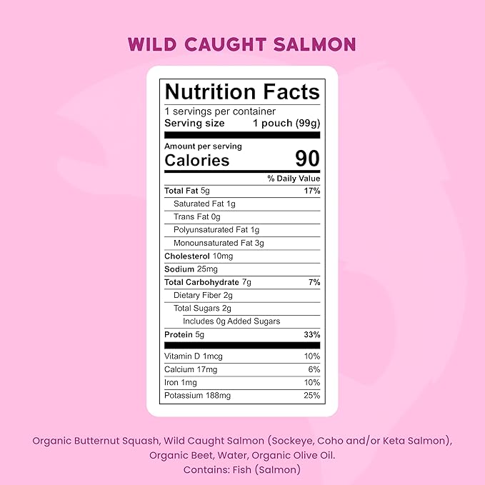 Serenity Kids 6+ Month Salmon Baby Food Pouches - Wild-Caught Salmon & Organic Butternut Squash & Beet Puree - BPA-Free Food Pouches for Baby - 3.5 Oz, 12 Pack