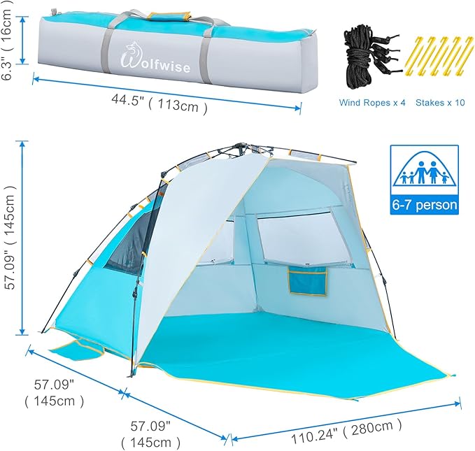 WolfWise 6-7 Person Easy Up Beach Tent UPF 50+ Portable Instant Sun Shelter Canopy Umbrella with Extended Zippered Porch, Blue