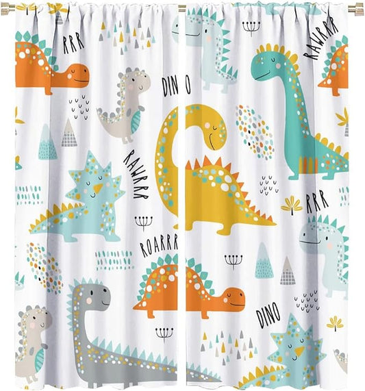 Dinosaur Curtains for Kids Boys Girls Home Decor Childish Cute Dino Animals Print Pattern Rod Pocket Blackout Window Drapes for Nursery Baby Bedroom Playroom W27.5xL63in 2 Panels