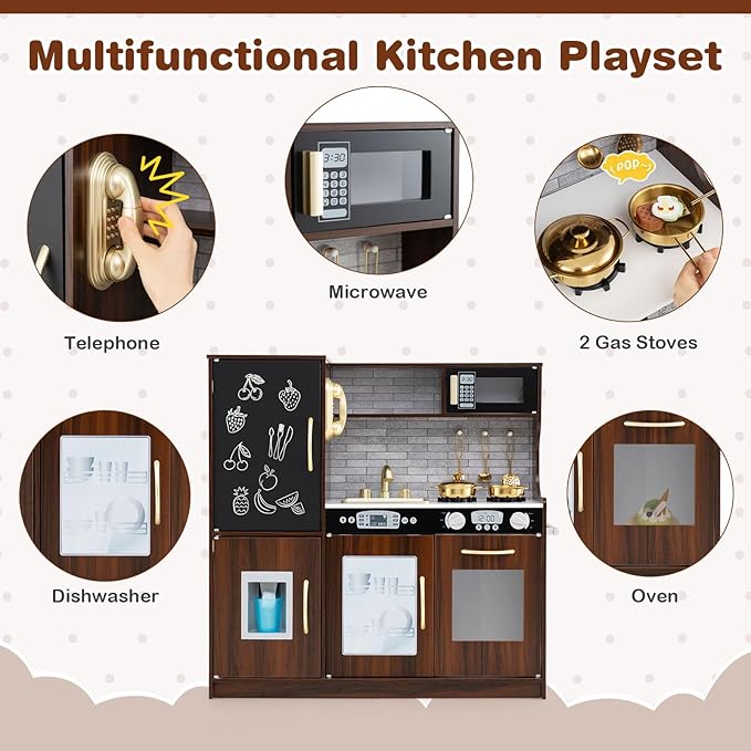HONEY JOY Kids Kitchen Playset, Wooden Little Chef Pretend Toy Kitchen Set w/Chalkboard, Telephone, Utensils, Oven, Microwave, Sink, Storage, Play Kitchen for Toddlers Boys Girls, Espresso