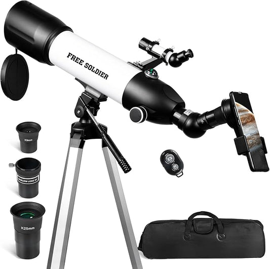 FREE SOLDIER Telescope 80mm Aperture 500mm Refractor Telescope for Adults High Powered - Professional Astronomical Refracting Telescope for Beginners with Phone Adapter White