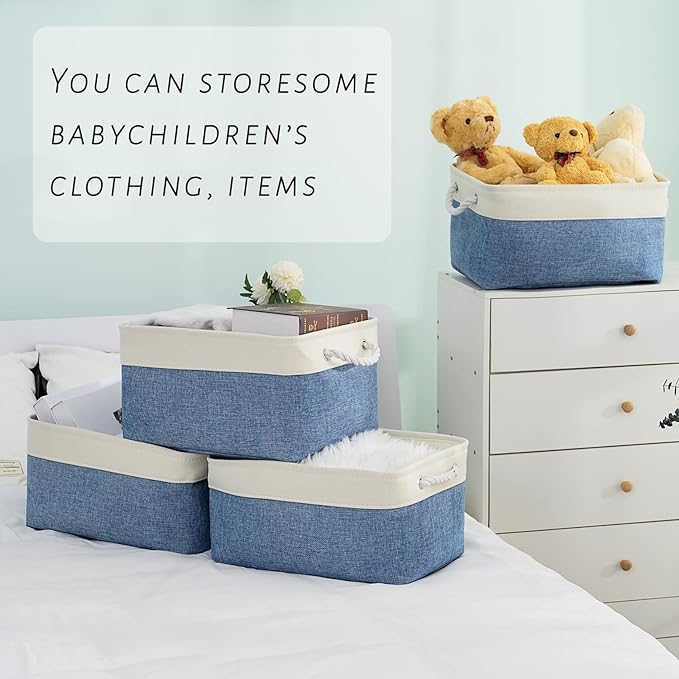 TcaFmac Storage Basket for Organizing - Large 4 Pack Fabric Storage Bins Baskets for Shelves with Ropes, Foldable Storage Cubes for Closet Cloth Toy (White & Blue16x12x8 inch)