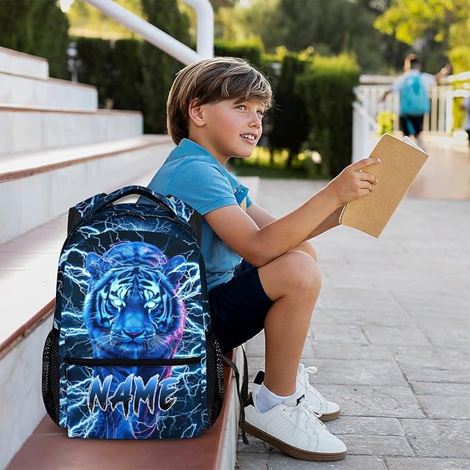 Boys School Backpack, Personalized Tiger Backpacks with Name for Kids Kindergarten Primary Senior Middle, 17 Inch Durable Personalized Cool Lightning Bookbag for School