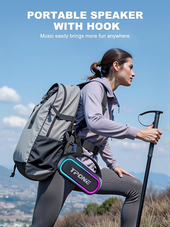 TPone Portable Bluetooth Speaker, 30W Peak, 12H Playtime, IPX5 Waterproof with Light, TWS Pairing, Wireless Speaker for Home/Party/Outdoor/Beach, Birthday Gift (Black)