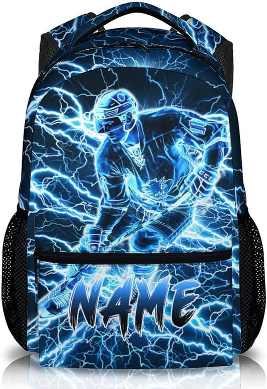 Personalized School Backpack for Kids Boys - 17 Inch Custom Ice Hockey Backpacks with Name for Kids Kindergarten Primary Senior Middle - Cool Durable Lightning Bookbag