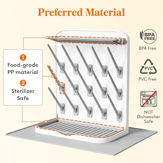Lifewit Large Baby Bottle Drying Rack with Drain Mat, 15 Hooks Vertical Rack Dryer with Removable Pacifiers Box, Drip Tray, Space Saving Countertop Holder Organizer for Weighted Straws, Pump Parts