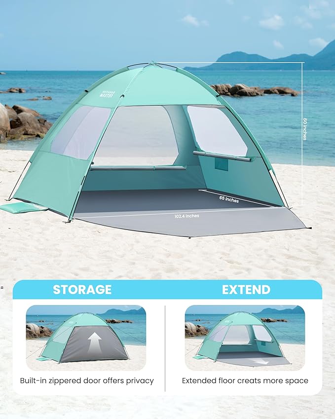 OutdoorMaster Beach Tent for 3/4 Person - Easy Setup Sun Shade Shelter, Portable Beach Shade Sun Canopy with UPF 50+ UV Protection, Removable Skylight Family Size