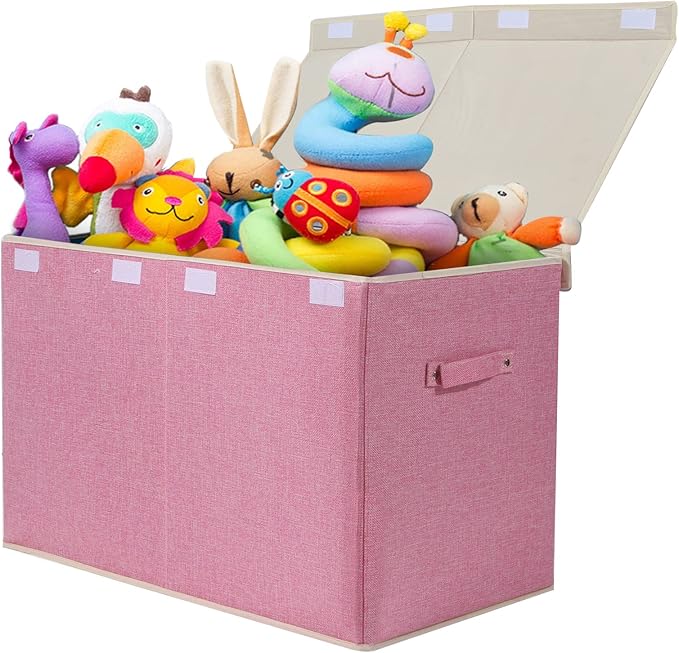 popoly Large Toy Box Chest Storage with Flip-Top Lid, Collapsible Kids Toy Storage Bin Boxes Container for Boys, Girls, Nursery, Playroom, 25"x13" x16" (Linen Pink)