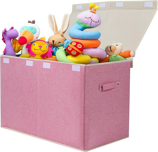 popoly Large Toy Box Chest Storage with Flip-Top Lid, Collapsible Kids Toy Storage Bin Boxes Container for Boys, Girls, Nursery, Playroom, 25"x13" x16" (Linen Pink)