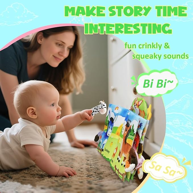 Farm Crinkle Books for Babies with 10 Finger Puppets Set, Touch and Feel Cloth Soft Farm Animal Tail Book with BiBi & Teething Toy, Puppets for Kids Ages 4-8, Baby Shower Birthday Gifts