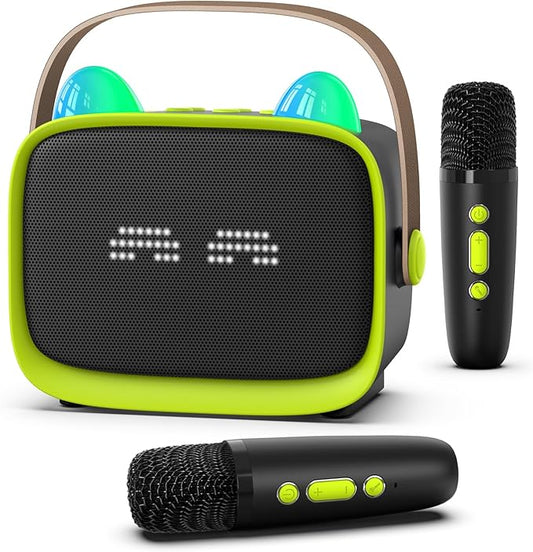 Mgaolo Upgraded Mini Karaoke Machine Toy for Kids, Portable Bluetooth Speaker with 2 Wireless Mics, Emoji & Colorful LED Lights, Home Travel & Party Play Gifts for Boys Girls (Green)