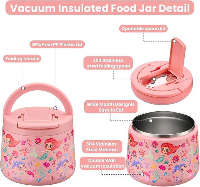 14oz Insulated Vacuum Food Jar with Buckle Lid,Soup Thermo for Hot Food Kids,Wide Mouth Leakproof Stainless Steel Lunch Container with Spoon-Mermaid