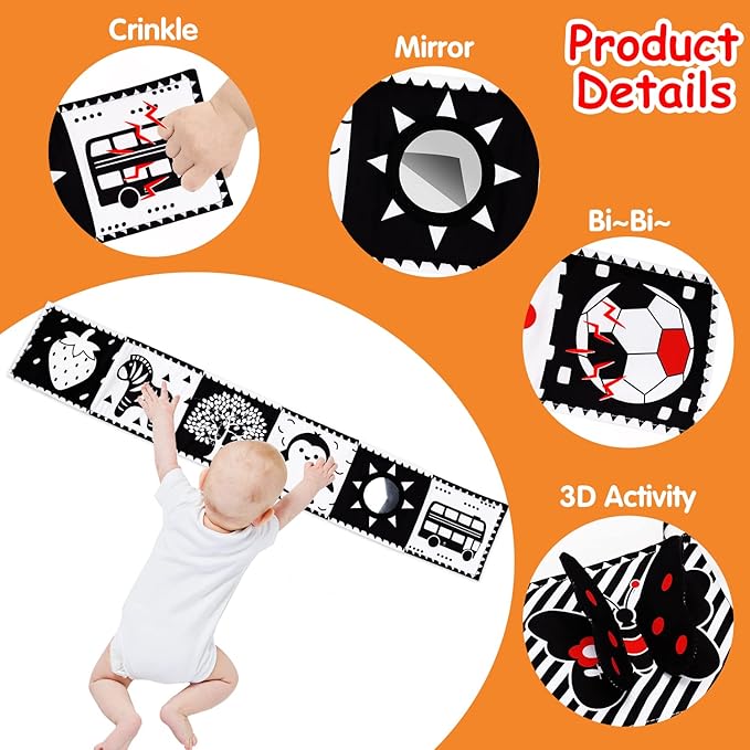 Thremhoo Black and White High Contrast Baby Toys 0-6 Months Soft Book for Brain Development, Tummy Time, Sensory, Montessori Learning Activities