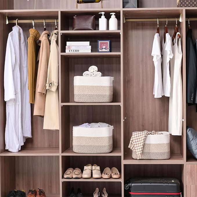 Storage Baskets for Organizing Shelves, Woven Cotton Rope Bins for Baby Nursery Organization, Book Toy Towel Organizer, 15"x11"x9.5", 3 Packs, Gradient Brown