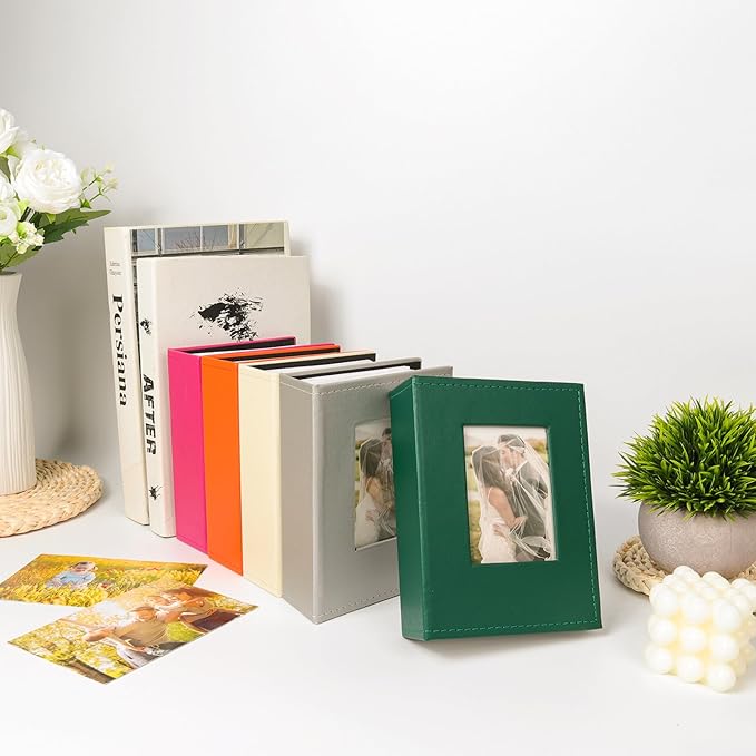 RECUTMS Small Photo Album 4x6 100 Photos Leather Cover with Front Window, Pictures Book for Wedding Family Baby Vacation (Orange)