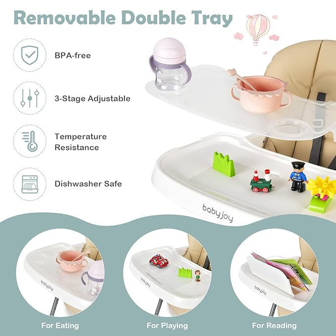 BABY JOY High Chair for Babies & Toddlers, Foldable High Chair w/Adjustable Height/Backrest/Footrest, Double Removable Tray, Book Holder & Storage Bag, Highchair for 6-36 Months Girls Boys (Beige)