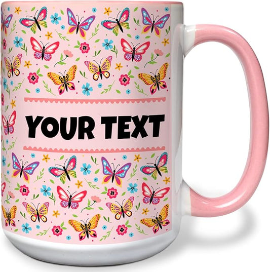 Personalized Mug for Kids - Butterflies - Custom Name/Text, Ceramic Hot Chocolate/Cocoa/Coffee Cup for Girls, Birthday/Christmas/Holiday Gift - 15 oz, Pink Handle