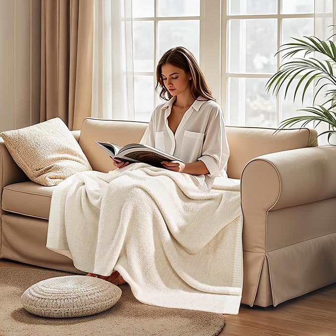 NNEXHOME PRO Soft Blanket for Women, Cozy Blanket Warm Reversible Knit Lightweight Throws for Sofa Bed, Picnic, Heather Ivory, Twin Size 60 x 80 inches