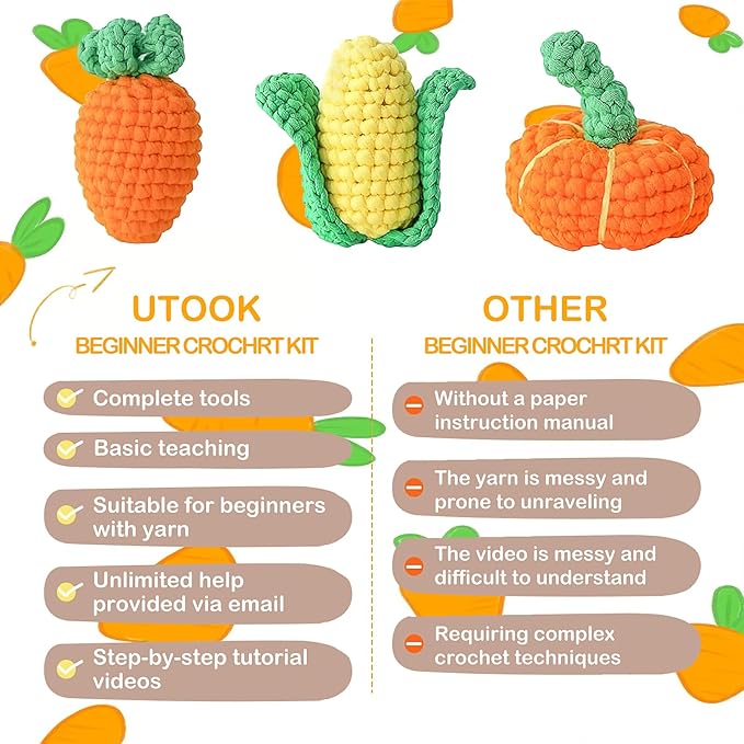 Utook Crochet Kit for Beginners, Crochet Vegetable Kit,Beginner Crochet Kit for Adults and Children, with Instructional Videos and Paper Tutorials, Handmade Crafts, Holiday Gifts (Vegetable)