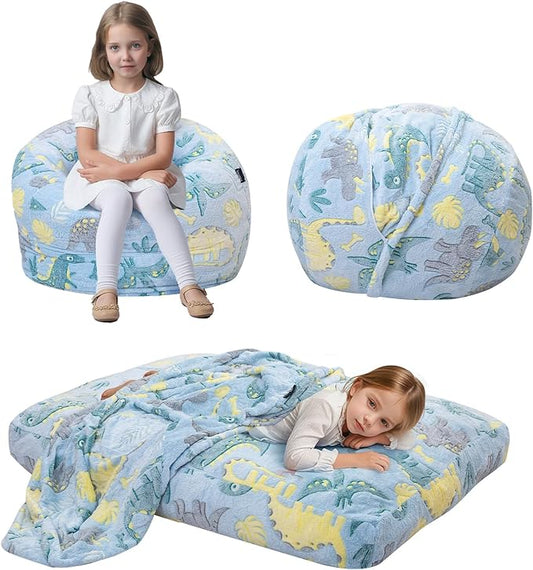 Bean Bag Chair for Kids, Toddler Beanbag Bed Unicorn, Convertible Children Bean Chair to Floor Mattress with Filler, Stuffed Child Bean Bags for Girl Boy Sleeping, Blue Dino