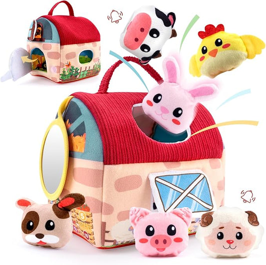 Baby Toys 6-12 Months – Montessori Sensory Barn with Plush Farm Animals, Rattles, Crinkle & Mirror – 1st Birthday Gift or Easter Basket Stuffer for Babies