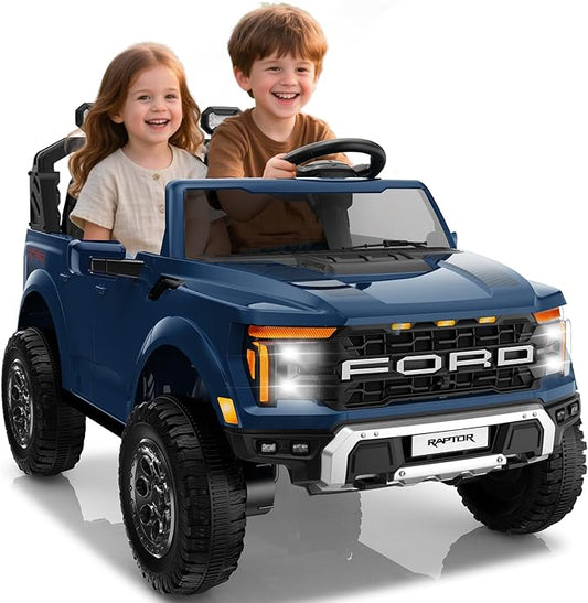 24V Ride on Car Licensed Ford F-150 Raptor, Kids Electric Car with Remote Control, LED Light/Music/MP3, Truck Bed Storage, 3-Point Seat Belt (24V, Blue)