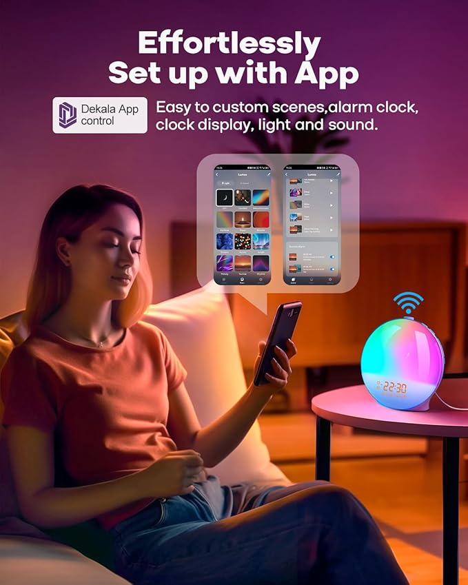 Dekala Sunrise Alarm Clock, Wake Up Light, Smart APP Control, Sundown Sleep Sound Machine, Dual Alarms, FM Radio, Natural Alarm Sounds, Alarm Clock for Heavy Sleepers Kids Adults, Ideal Gift