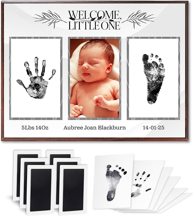 Baby Hand and Footprint Kit with Photo & Birth Details, Inkless Hand and Footprint Kit, Newborn Keepsake Plaque, Baby Shower Gifts (STYLE 1 (Fully Personalized) (Welcome Little One))