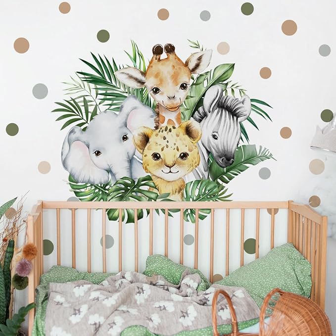37.95x33.13 Inch Watercolor Jungle Animal Wall Decal Forest Animal Tiger Elephant Giraffe Zebra Wall Sticker Removable Safari Animal Wall Decal for Baby Nursery Playroom Bedroom Classroom Wall Decor