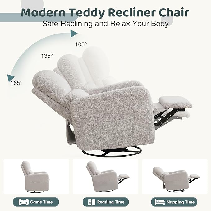 Swivel Rocker Recliner, Oversized Manual Nursery Glider Rocking Recliner with Removable Cushion, Upholstered Teddy Boucle Swivel Reclining Chair for Nursery Living Room Bedroom, Teddy Grey