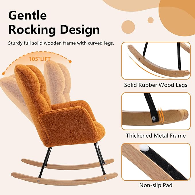 NIOIIKIT Nursery Rocking Chair Teddy Upholstered Glider Rocker Rocking Accent Chair Padded Seat with High Backrest Armchair Comfy Side Chair for Living Room Bedroom Offices (Orange)
