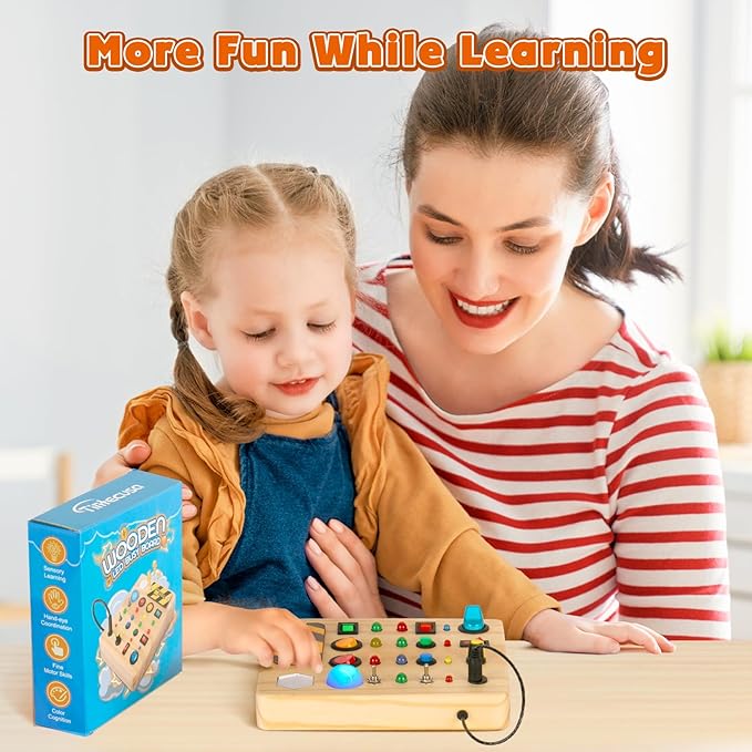 Busy Board Montessori Toys for Toddler, Wooden Sensory Board Switch Toy with Shape Sorter LED Light Up Toys Educational Plane Travel Activity for Girls & Boys